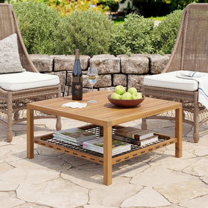 English Elm Outdoor Acacia Slatted Patio Table with Woven Rope Shelf for Coastal Lounging N768P410982L