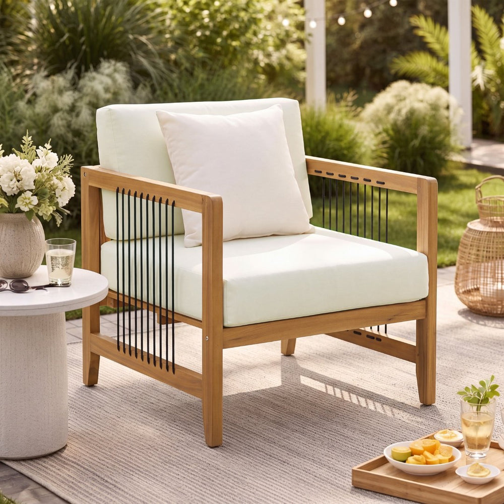 English Elm Acacia Wood Outdoor Armchair Woven Rope Backrest Teak Finish Patio Garden Seat N768P410983L