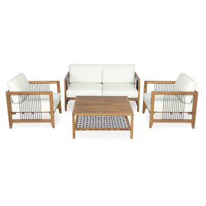 English Elm Acacia Wood Outdoor Armchair Woven Rope Backrest Teak Finish Patio Garden Seat N768P410983L