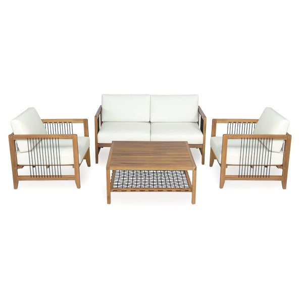 English Elm Acacia Wood Outdoor Armchair Woven Rope Backrest Teak Finish Patio Garden Seat N768P410983L