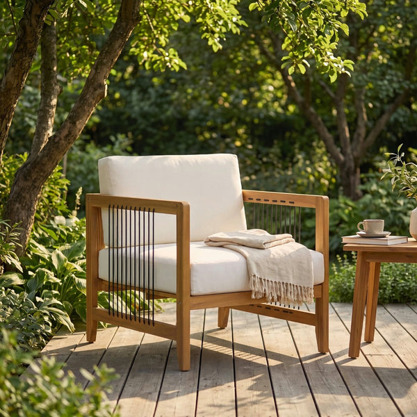 English Elm Acacia Wood Outdoor Armchair Woven Rope Backrest Teak Finish Patio Garden Seat N768P410983L