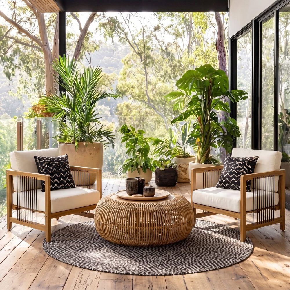 English Elm Acacia Wood Outdoor Armchair Set with Hand-Woven Rope Detailing and Thick Cushions N768P410983L_2