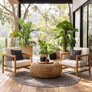 English Elm Acacia Wood Outdoor Armchair Set with Hand-Woven Rope Detailing and Thick Cushions N768P410983L_2