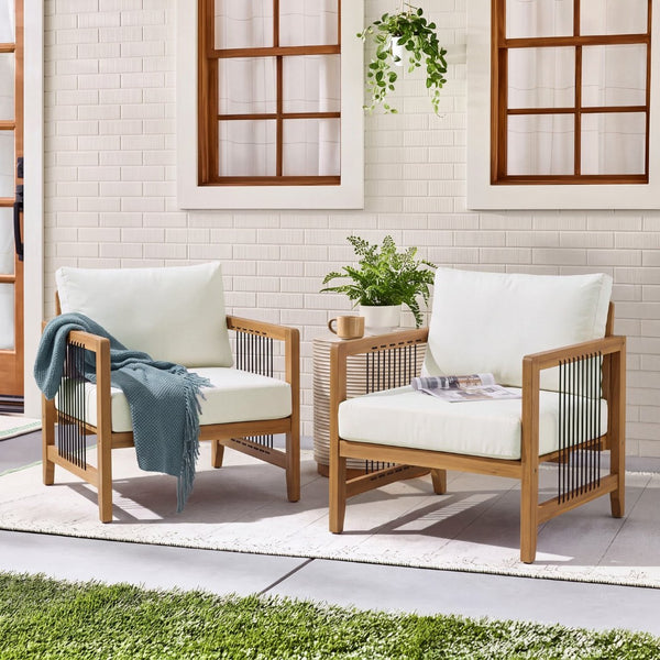 English Elm Acacia Wood Outdoor Armchair Set with Hand-Woven Rope Detailing and Thick Cushions N768P410983L_2