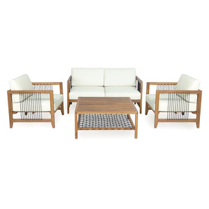 English Elm Acacia Wood Outdoor Armchair Set with Hand-Woven Rope Detailing and Thick Cushions N768P410983L_2
