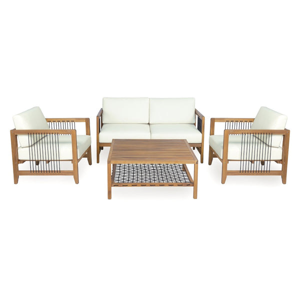 English Elm Acacia Wood Outdoor Armchair Set with Hand-Woven Rope Detailing and Thick Cushions N768P410983L_2