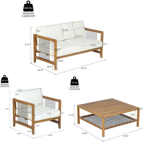 English Elm 4-piece Acacia Wood Outdoor Conversation Set with Woven Rope Detail and Teak Finish N768P410983L_2_N768P410984L_N768P410982L