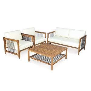 English Elm 4-piece Acacia Wood Outdoor Conversation Set with Woven Rope Detail and Teak Finish N768P410983L_2_N768P410984L_N768P410982L