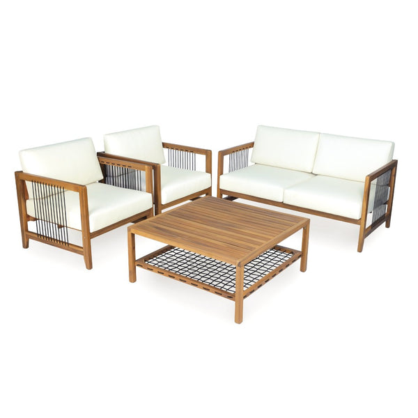 English Elm 4-piece Acacia Wood Outdoor Conversation Set with Woven Rope Detail and Teak Finish N768P410983L_2_N768P410984L_N768P410982L