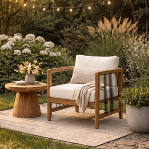 English Elm Acacia Wood Outdoor Armchair Woven Rope Backrest Teak Finish Patio Garden Seat N768P410983L
