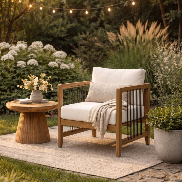 English Elm Acacia Wood Outdoor Armchair Woven Rope Backrest Teak Finish Patio Garden Seat N768P410983L