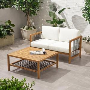 English Elm 2-piece Acacia Teak Outdoor Loveseat Set with Woven Rope Detail and Coffee Table N768P410984L_N768P410982L