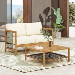 English Elm 2-piece Acacia Teak Outdoor Loveseat Set with Woven Rope Detail and Coffee Table N768P410984L_N768P410982L
