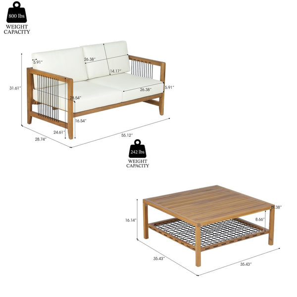 English Elm 2-piece Acacia Teak Outdoor Loveseat Set with Woven Rope Detail and Coffee Table N768P410984L_N768P410982L