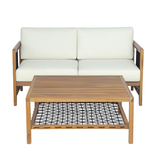 English Elm 2-piece Acacia Teak Outdoor Loveseat Set with Woven Rope Detail and Coffee Table N768P410984L_N768P410982L