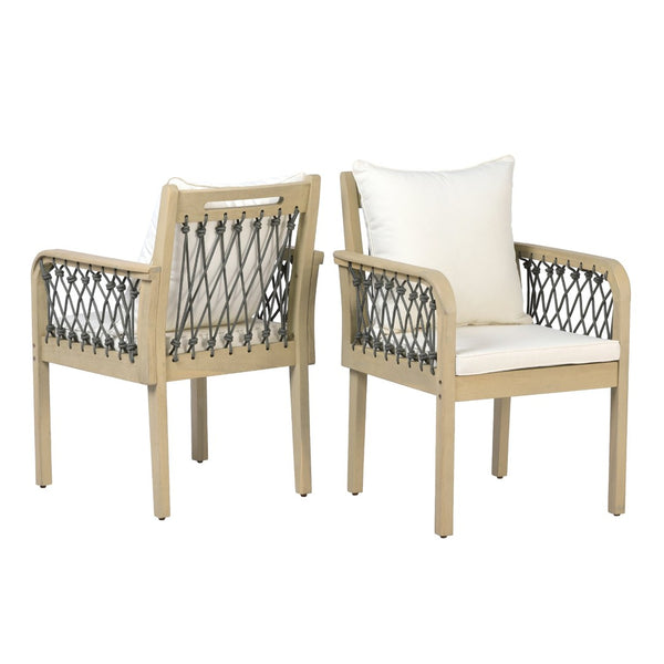 English Elm Outdoor Acacia Wood Patio Chairs Set of 2 with Woven Rope Arms and Cushions Light Teak / Dark Grey Rope / Cream Beige Cushion N768P426985L