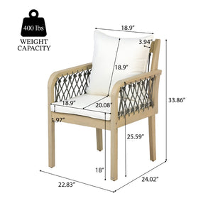 English Elm Outdoor Acacia Wood Patio Chairs Set of 2 with Woven Rope Arms and Cushions Light Teak / Dark Grey Rope / Cream Beige Cushion N768P426985L
