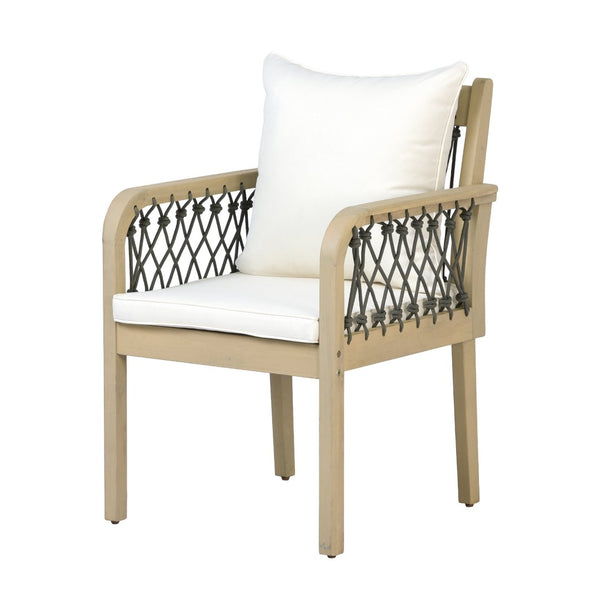 English Elm Outdoor Acacia Wood Patio Chairs Set of 2 with Woven Rope Arms and Cushions Light Teak / Dark Grey Rope / Cream Beige Cushion N768P426985L