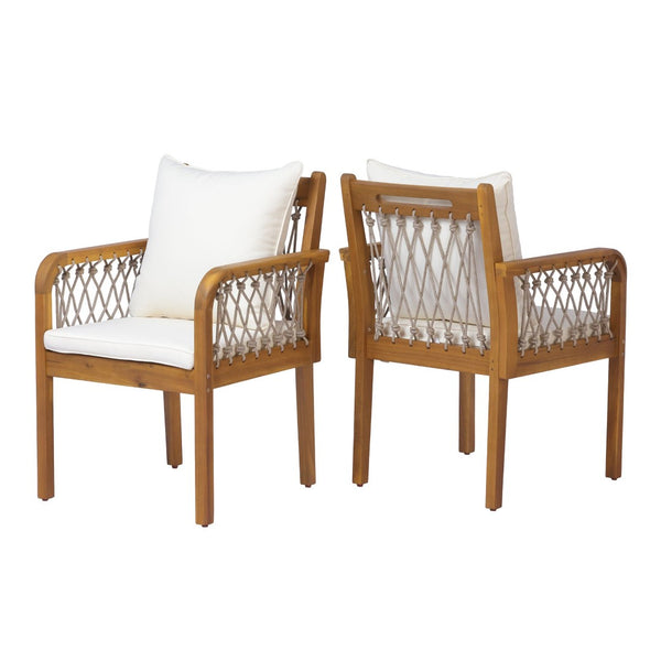 English Elm Outdoor Acacia Wood Patio Chairs Set of 2 with Woven Rope Arms and Cushions Teak / Oatmeal Rope / Cream Beige Cushion N768P426985T