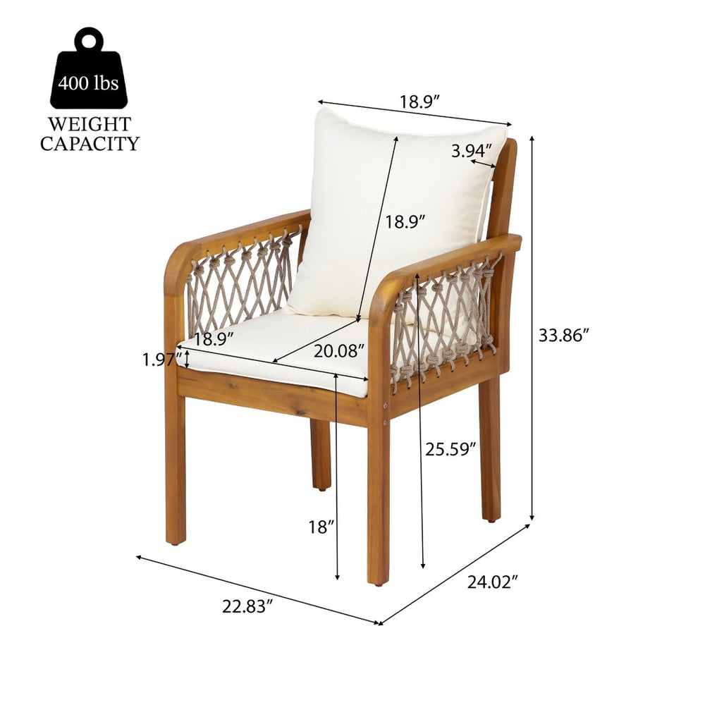 English Elm Outdoor Acacia Wood Patio Chairs Set of 2 with Woven Rope Arms and Cushions Teak / Oatmeal Rope / Cream Beige Cushion N768P426985T
