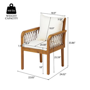 English Elm Outdoor Acacia Wood Patio Chairs Set of 2 with Woven Rope Arms and Cushions Teak / Oatmeal Rope / Cream Beige Cushion N768P426985T