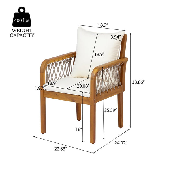 English Elm Outdoor Acacia Wood Patio Chairs Set of 2 with Woven Rope Arms and Cushions Teak / Oatmeal Rope / Cream Beige Cushion N768P426985T