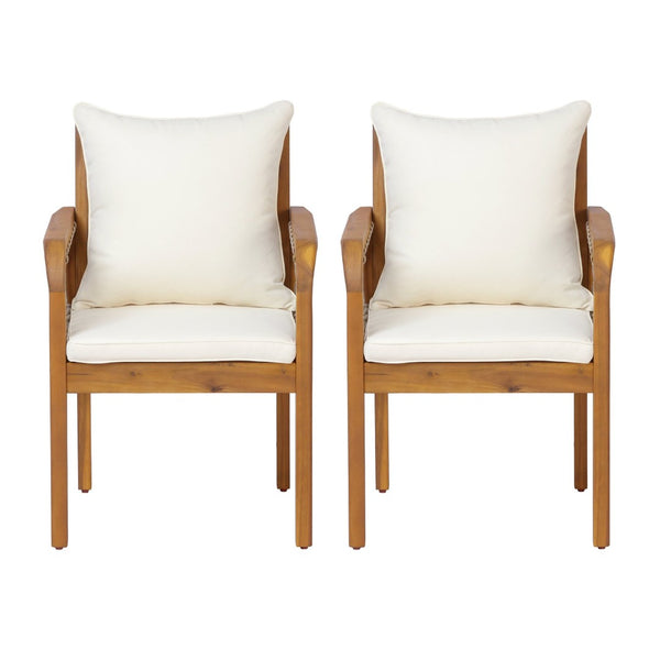 English Elm Outdoor Acacia Wood Patio Chairs Set of 2 with Woven Rope Arms and Cushions Teak / Oatmeal Rope / Cream Beige Cushion N768P426985T