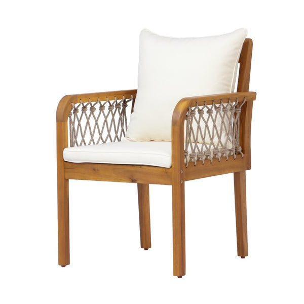 English Elm Outdoor Acacia Wood Patio Chairs Set of 2 with Woven Rope Arms and Cushions Teak / Oatmeal Rope / Cream Beige Cushion N768P426985T