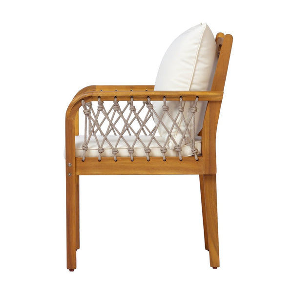 English Elm Outdoor Acacia Wood Patio Chairs Set of 2 with Woven Rope Arms and Cushions Teak / Oatmeal Rope / Cream Beige Cushion N768P426985T