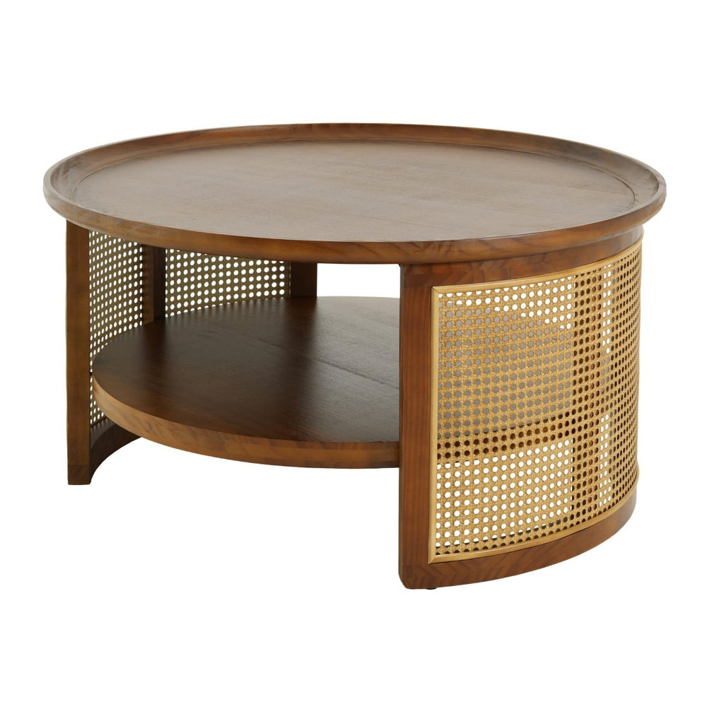 English Elm Round Pine Wood Coffee Table with Gold Rattan Metal Sides and Open Storage Shelf N768P442346W