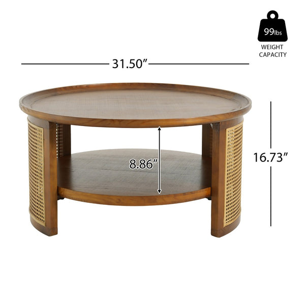 English Elm Round Pine Wood Coffee Table with Gold Rattan Metal Sides and Open Storage Shelf N768P442346W