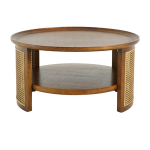 English Elm Round Pine Wood Coffee Table with Gold Rattan Metal Sides and Open Storage Shelf N768P442346W