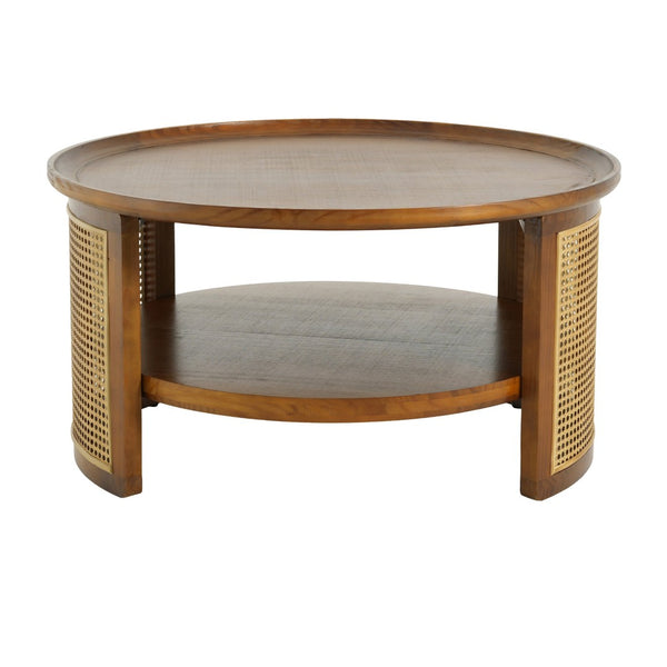 English Elm Round Pine Wood Coffee Table with Gold Rattan Metal Sides and Open Storage Shelf N768P442346W