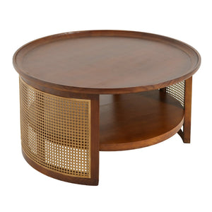 English Elm Round Pine Wood Coffee Table with Gold Rattan Metal Sides and Open Storage Shelf N768P442346W