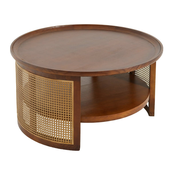 English Elm Round Pine Wood Coffee Table with Gold Rattan Metal Sides and Open Storage Shelf N768P442346W