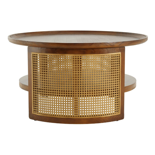 English Elm Round Pine Wood Coffee Table with Gold Rattan Metal Sides and Open Storage Shelf N768P442346W
