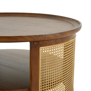 English Elm Round Pine Wood Coffee Table with Gold Rattan Metal Sides and Open Storage Shelf N768P442346W