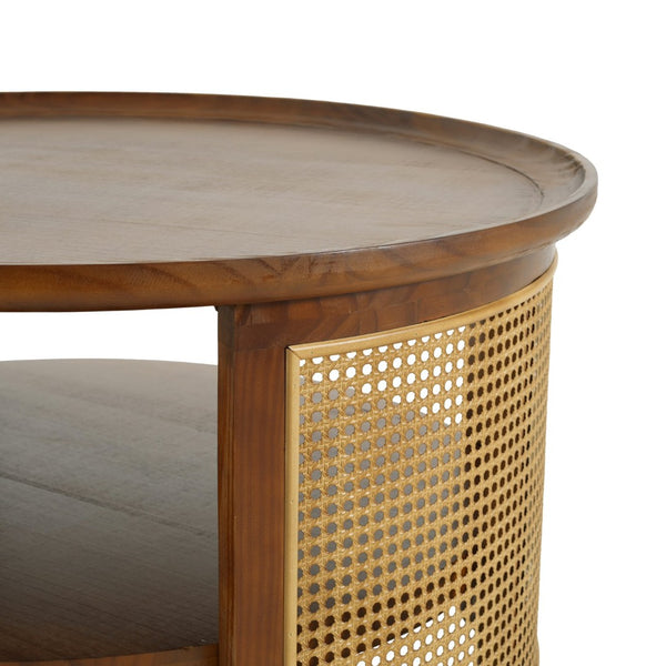 English Elm Round Pine Wood Coffee Table with Gold Rattan Metal Sides and Open Storage Shelf N768P442346W