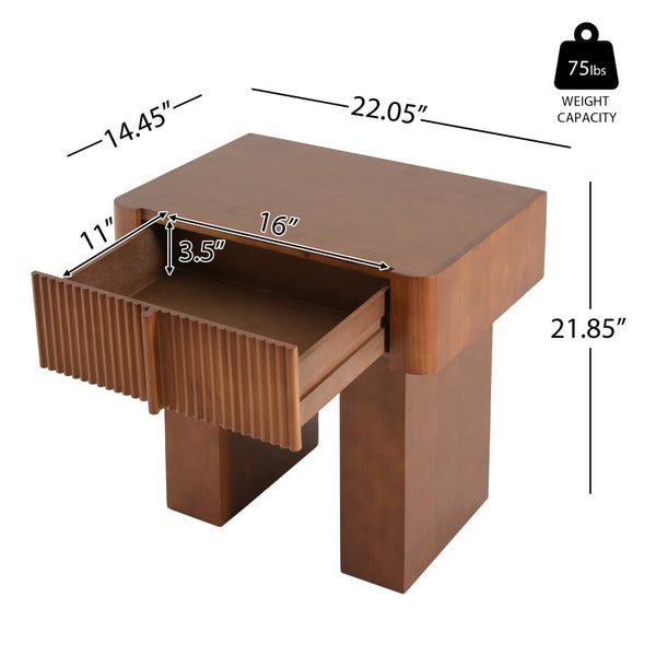 English Elm Wood Fluted Drawer End Table Walnut Finish Mid Century Modern Accent for Any Room N768P442350W