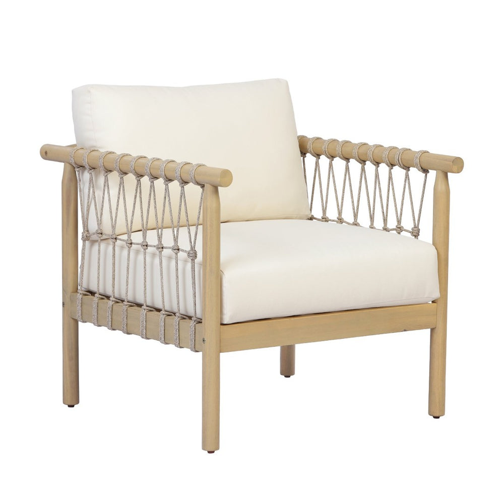 English Elm Light Teak Acacia Club Chair with Hand Knotted Rope Weave and Cream Outdoor Cushions N768P446378L