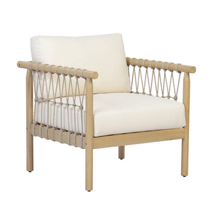 English Elm Light Teak Acacia Club Chair with Hand Knotted Rope Weave and Cream Outdoor Cushions N768P446378L