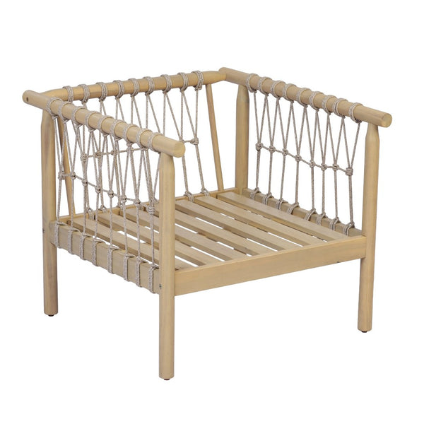 English Elm Light Teak Acacia Club Chair with Hand Knotted Rope Weave and Cream Outdoor Cushions N768P446378L