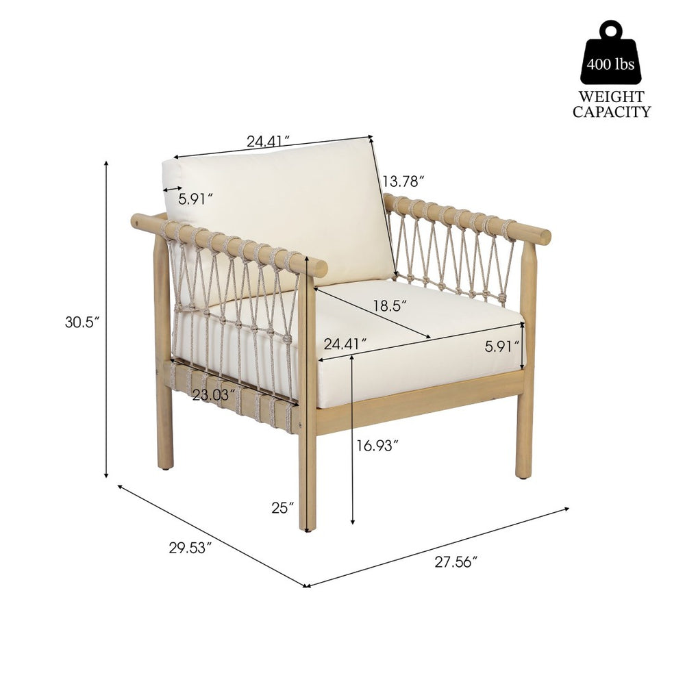 English Elm Light Teak Acacia Club Chair with Hand Knotted Rope Weave and Cream Outdoor Cushions N768P446378L