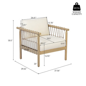 English Elm Light Teak Acacia Club Chair with Hand Knotted Rope Weave and Cream Outdoor Cushions N768P446378L