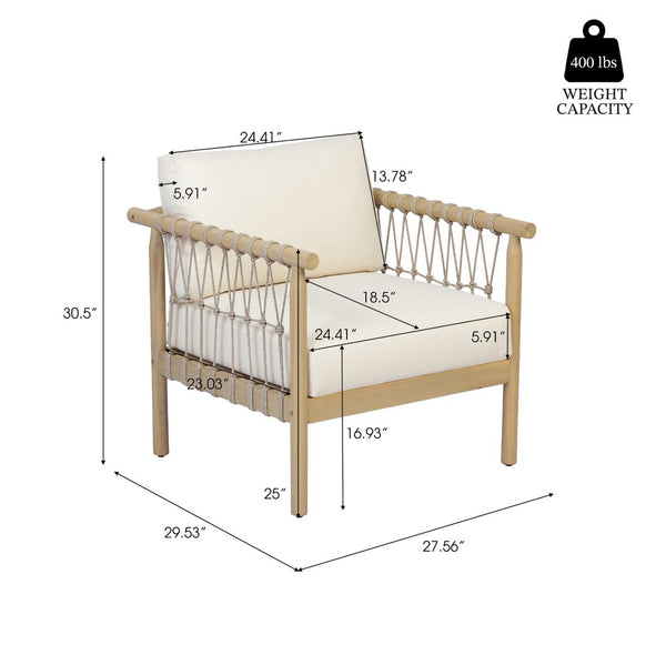 English Elm Light Teak Acacia Club Chair with Hand Knotted Rope Weave and Cream Outdoor Cushions N768P446378L