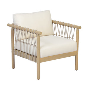 English Elm Light Teak Acacia Club Chair with Hand Knotted Rope Weave and Cream Outdoor Cushions N768P446378L
