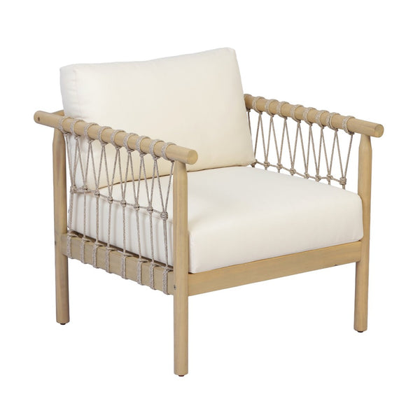 English Elm Light Teak Acacia Club Chair with Hand Knotted Rope Weave and Cream Outdoor Cushions N768P446378L