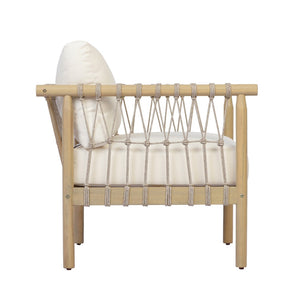 English Elm Light Teak Acacia Club Chair with Hand Knotted Rope Weave and Cream Outdoor Cushions N768P446378L