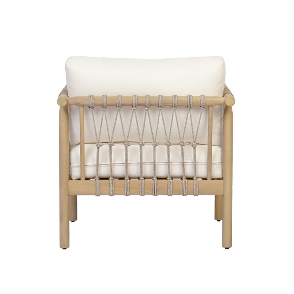 English Elm Light Teak Acacia Club Chair with Hand Knotted Rope Weave and Cream Outdoor Cushions N768P446378L