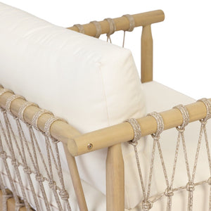 English Elm Light Teak Acacia Club Chair with Hand Knotted Rope Weave and Cream Outdoor Cushions N768P446378L